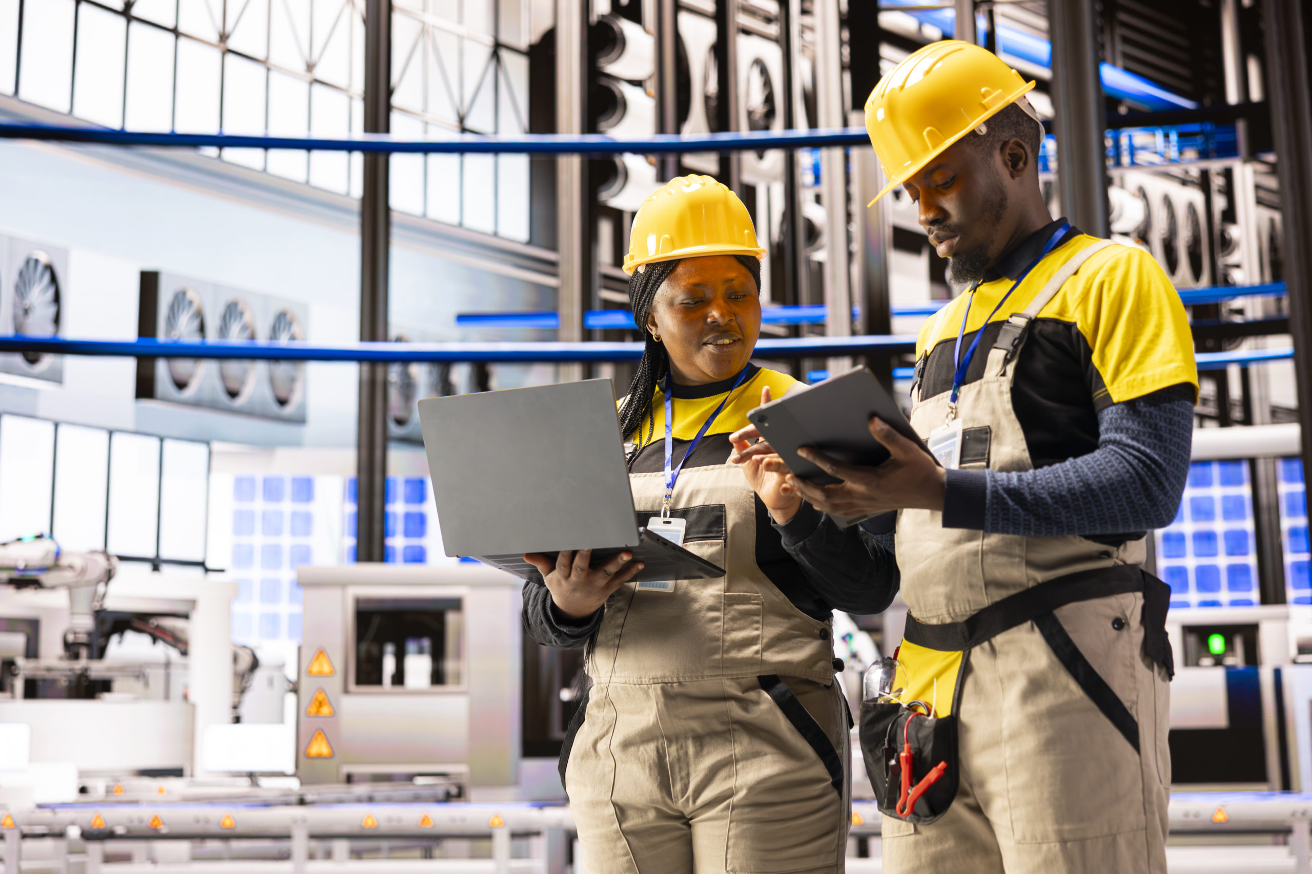 Engineers using digital interfaces on laptop and tablet to monitor and enhance efficiency in automated factory. Industry 4.0 innovation powers industrial automation in smart manufacturing facility.